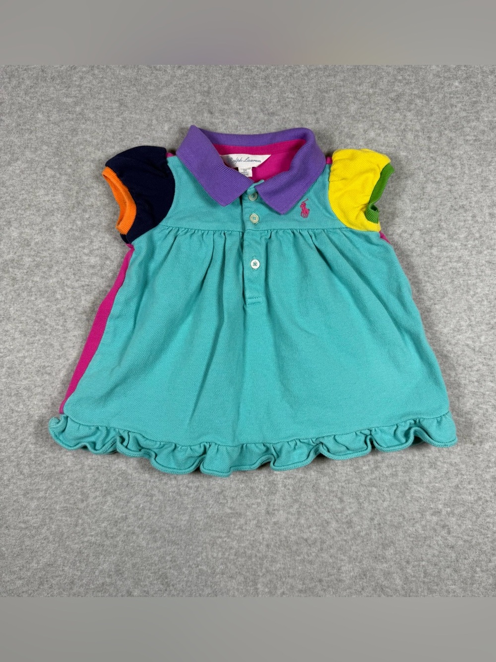 Ralph Lauren Baby Girl 9M Bright Colorblock Polo Collared Ruffle Dress Pink Teal